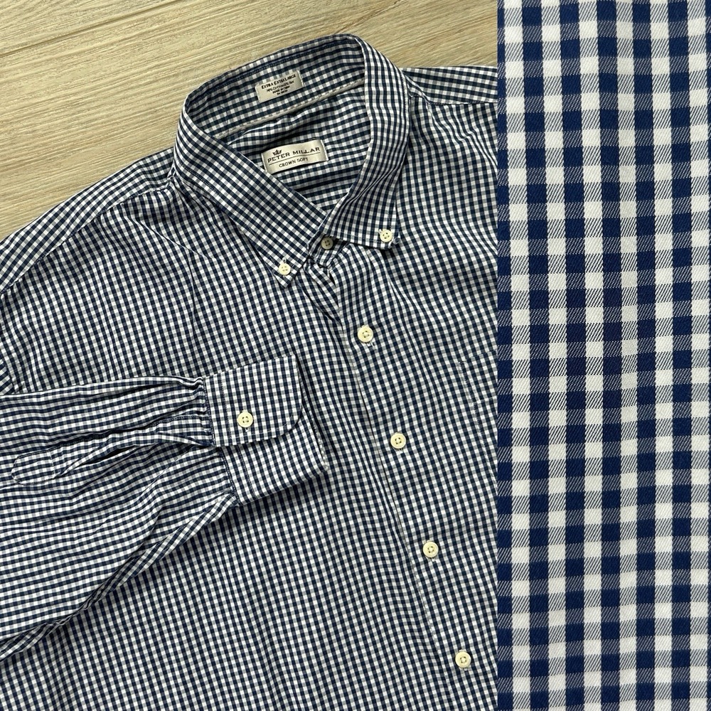 Peter Millar Crown Soft XXL‎ 2XL Blue White Gingham Cotton Silk Button Down